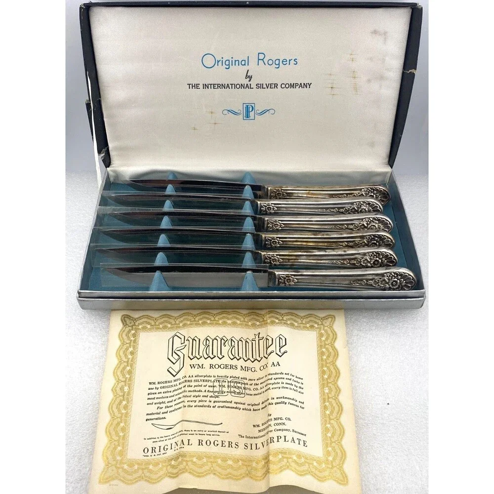 Original Rogers International Silver Co Knives Set 6pc Box Silverplate Stainless